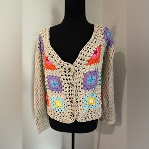 Stradivarius Crochet Granny Square Cardigan Sweater Women M Multi Color Boho